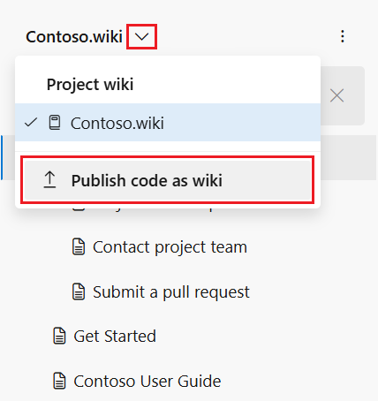 プロジェクトの [コードを wiki として発行] オプションを選択する方法を示すスクリーンショット。
