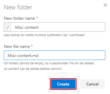 Wiki TOC でサブページを含むページとして機能する新しいフォルダーを指定する方法を示すスクリーンショット。
