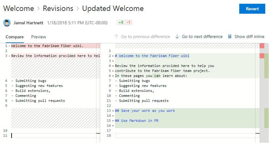 [比較] ビューのページ リビジョンを示すスクリーンショット。変更はサイド バイ サイド ビューで表示されます。