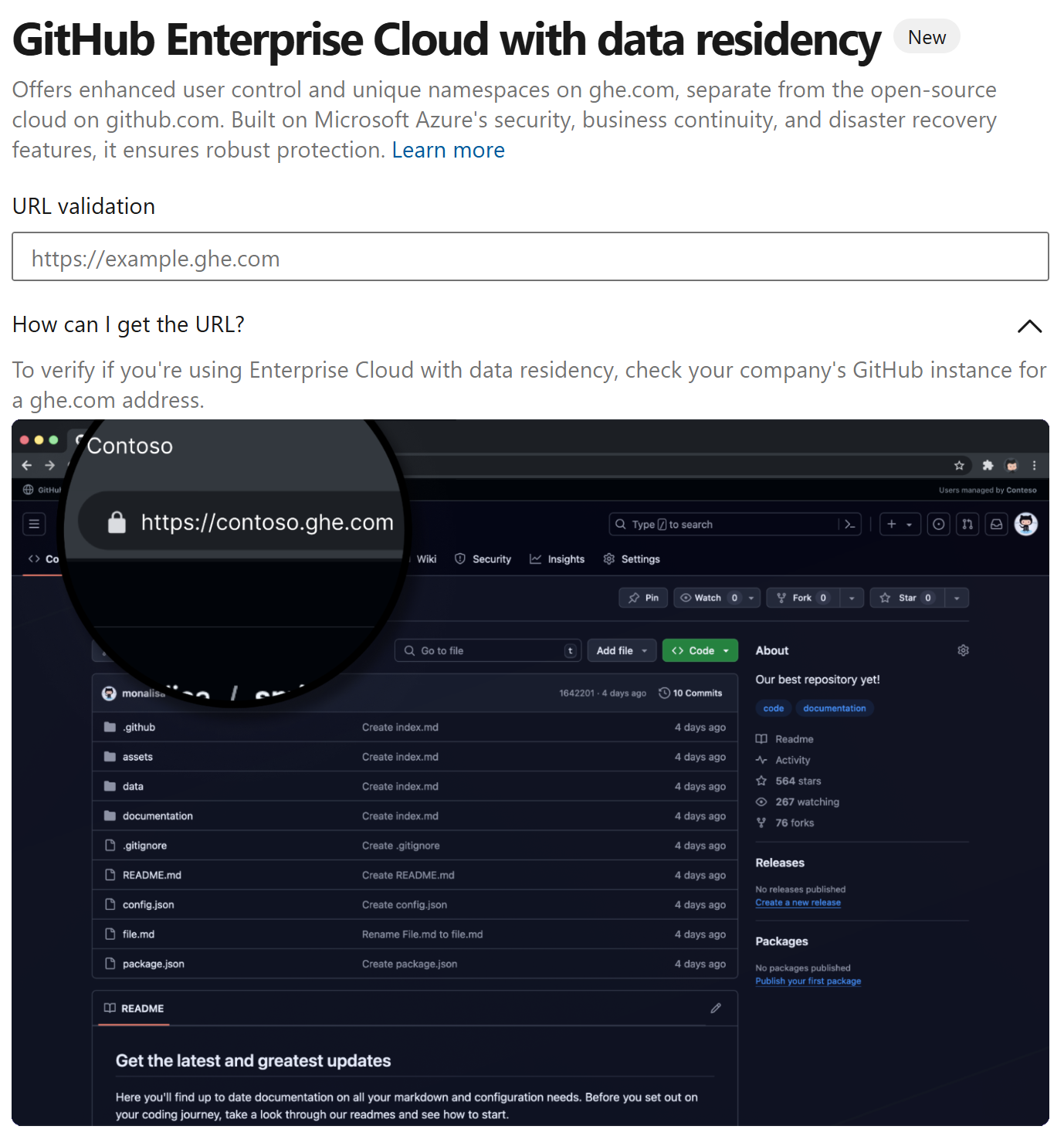 データ所在地を持つ GitHub Enterprise を示す画像。