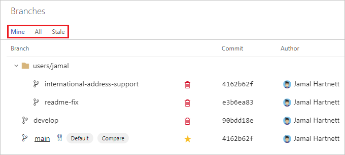 [My branchs]\(マイ ブランチ\) を示すスクリーンショット。