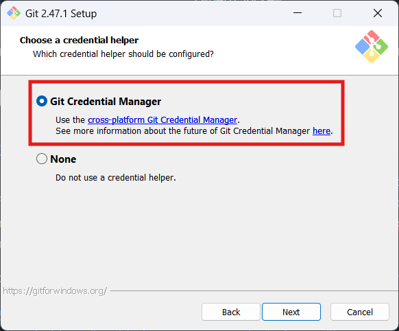 、[Windows 用 Git のインストール中に Git Credential Manager を有効にする] の選択が示されています。