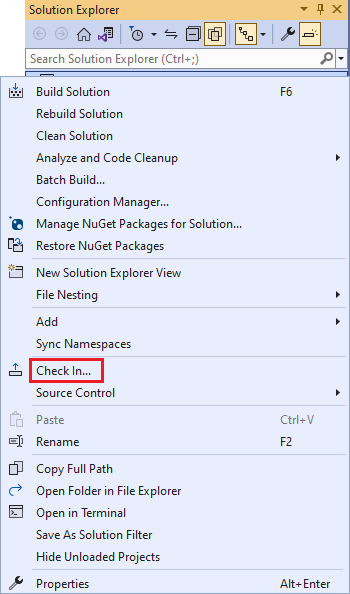 チェックインが選択されているコンテキスト メニューを示すスクリーンショット。