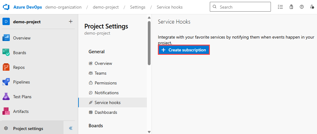 Azure DevOps プロジェクトの [サービス フック] ページのスクリーンショット。[サブスクリプションの作成] ボタンが強調表示されています。