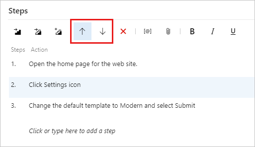 テスト ステップを上下に動かすために使用される矢印を示すスクリーンショット。