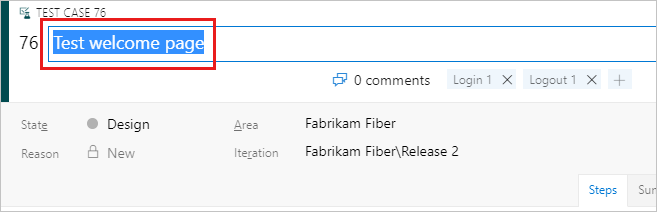 編集できるように名前が選択されたテスト ケースを示すスクリーンショット。
