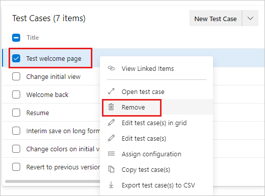 削除されるテスト ケースを示すスクリーンショット。