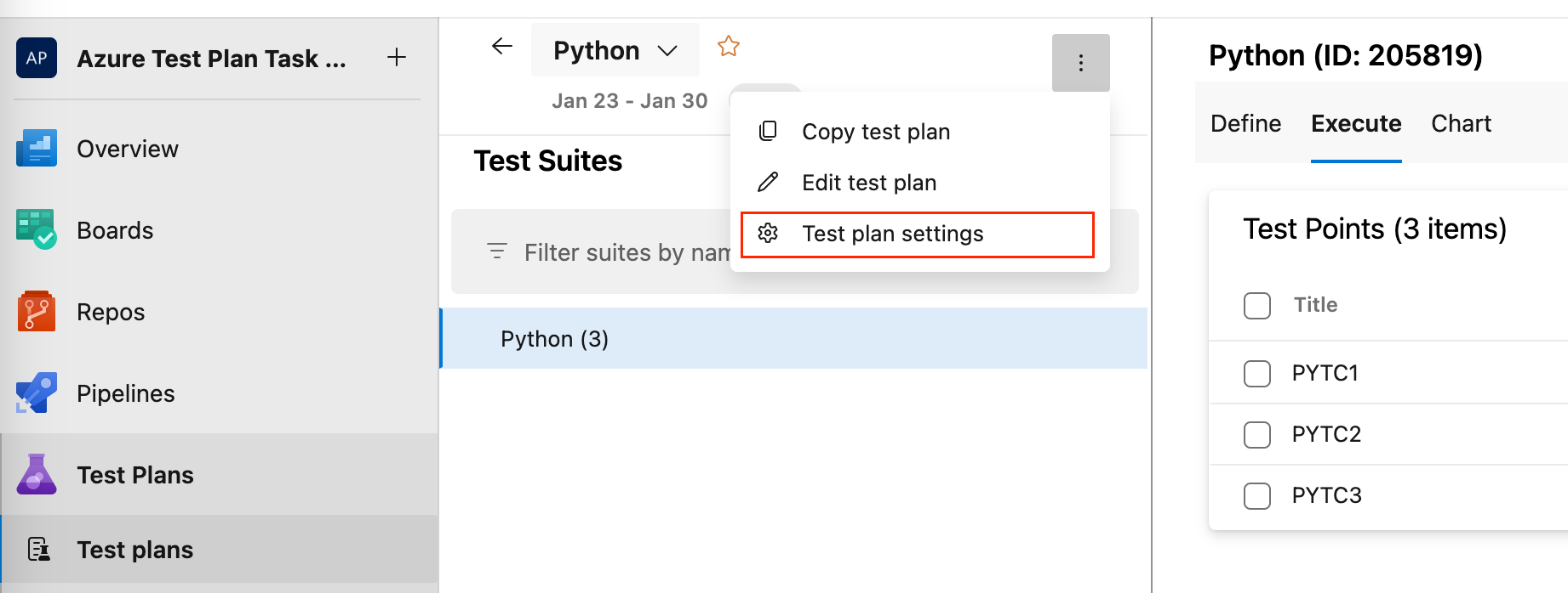 [テスト計画の設定] の選択を示すスクリーンショット。