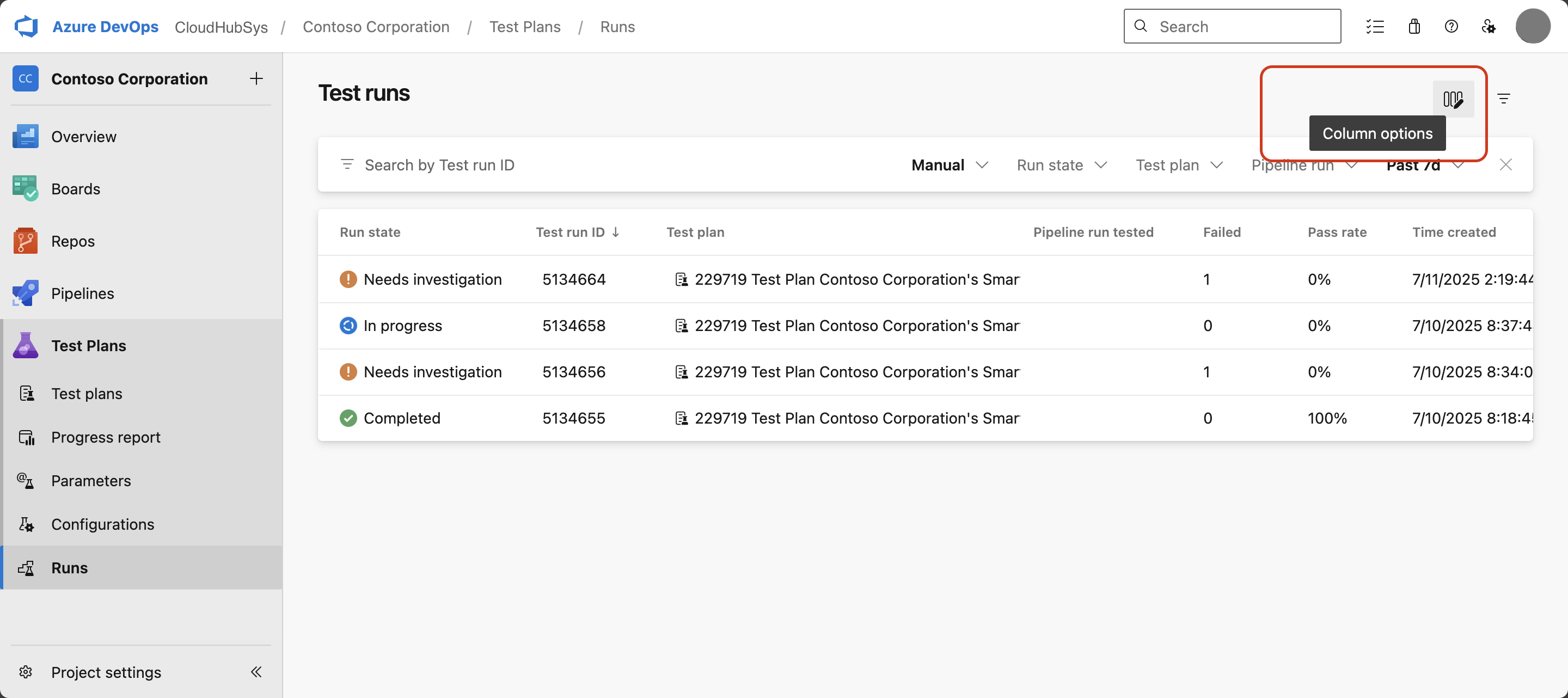 テスト実行の列オプション構成ダイアログを示すスクリーンショット。