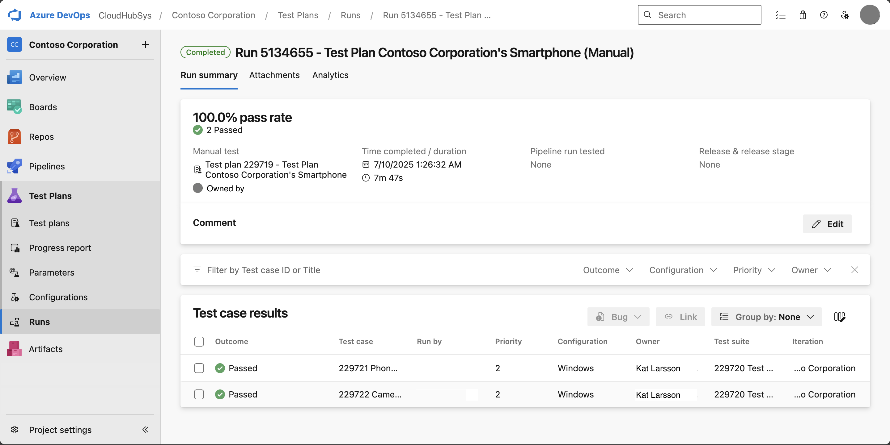 概要情報とテスト ケースの結果を示すメインのテスト実行ビューのスクリーンショット。