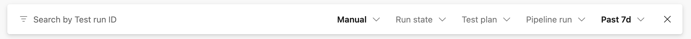 テスト実行のドロップダウン フィルターを含む検索バーを示すスクリーンショット。