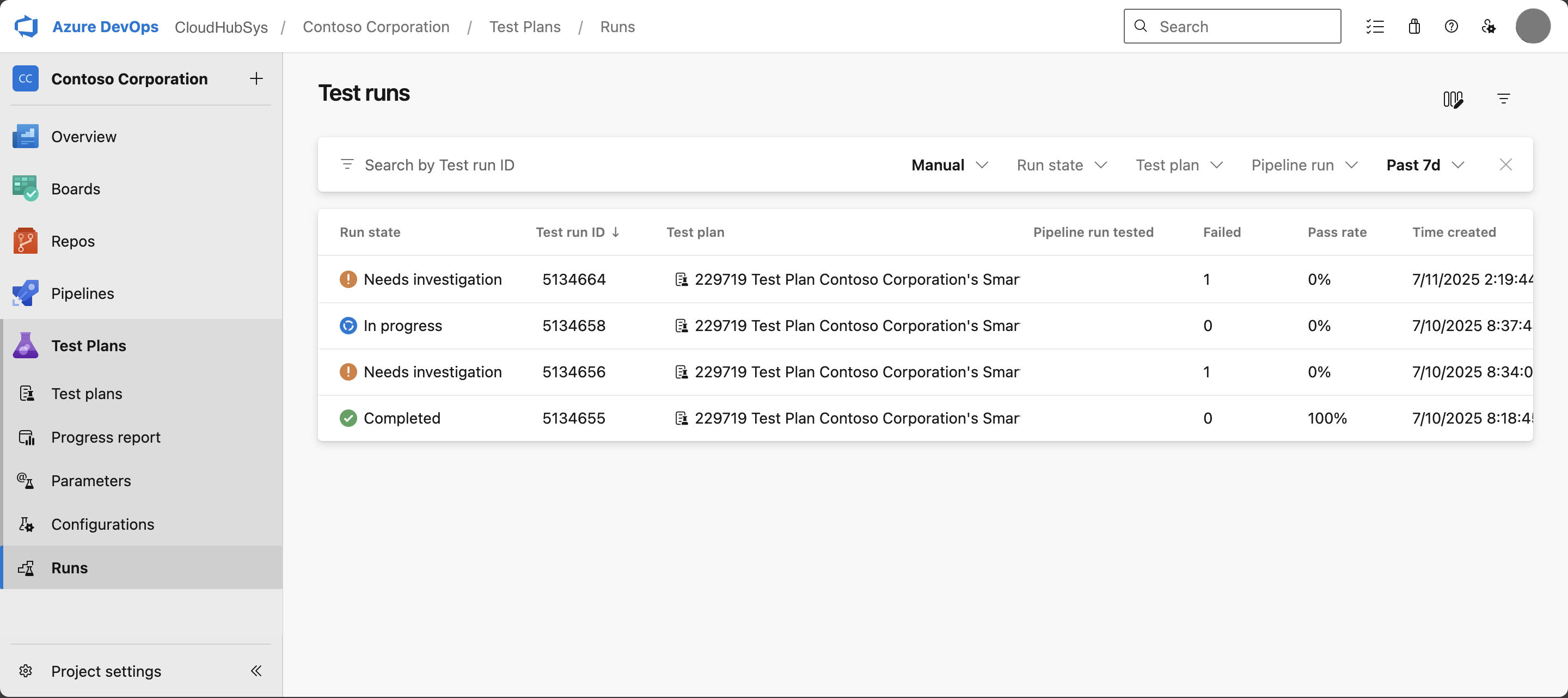 使用可能なテスト実行の一覧を示すテスト実行のランディング ページのスクリーンショット。