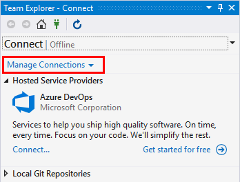 [接続の管理] オプションが強調表示されている Visual Studio 2019 の [チーム エクスプローラー] ウィンドウのスクリーンショット。