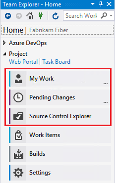 [Team Foundation Version Control] 機能が強調表示されている Visual Studio 2019 の Team Explorer ホーム ページのスクリーンショット。