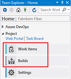 [作業項目とビルド] 機能が強調表示されている Visual Studio 2019 のチーム エクスプローラーのホーム ページのスクリーンショット。