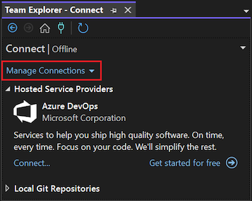Visual Studio 2022 の [チーム エクスプローラー] ウィンドウのスクリーンショット。[接続の管理] オプションが強調表示されています。