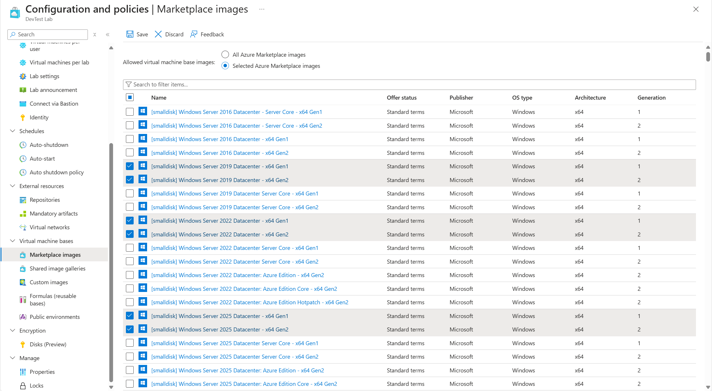 どの Azure Marketplace イメージを VM のベース イメージとして使用できるようにするかを指定できる