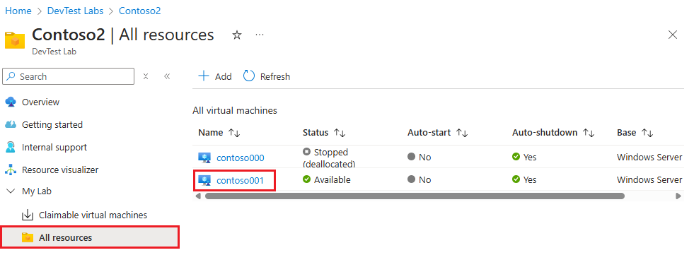 ラボの [概要] ページで選択された VM を示すスクリーンショット。