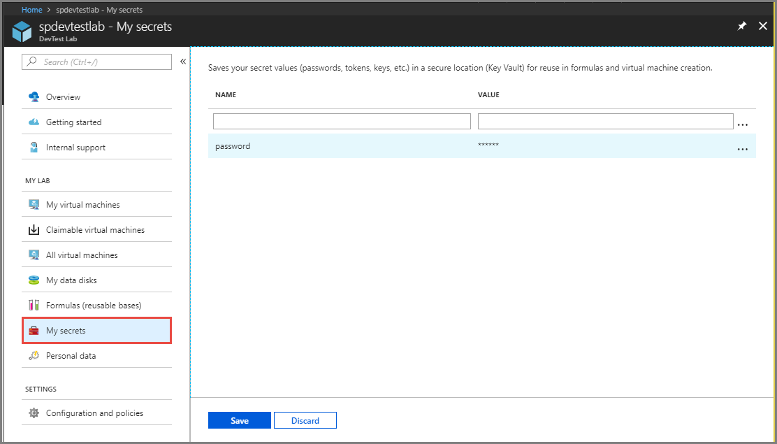 シークレットの格納のスクリーンショット。
