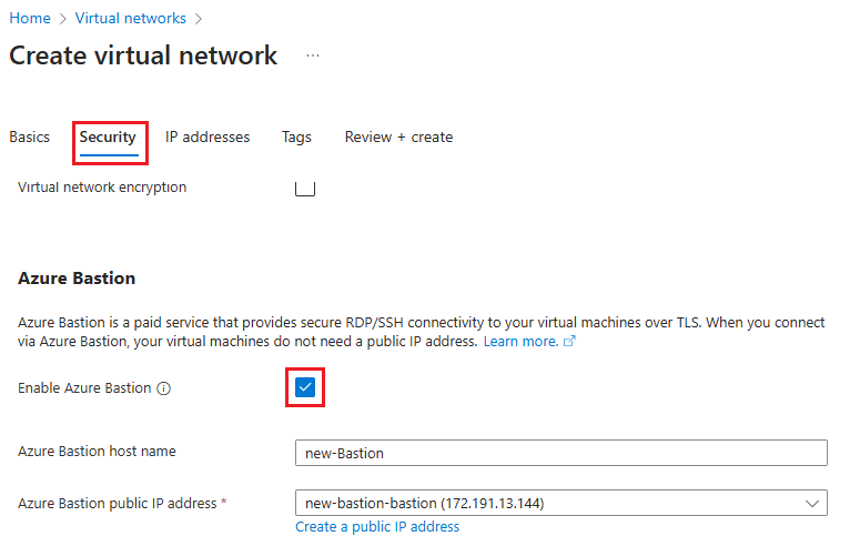 [セキュリティ] ページでの Azure Bastion の有効化を示すスクリーンショット。