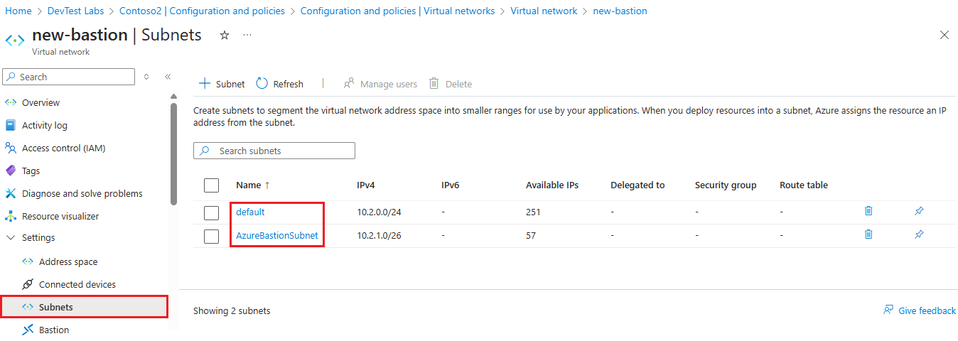 Azure Bastion 仮想ネットワーク内の 2 つのサブネットを示すスクリーンショット。