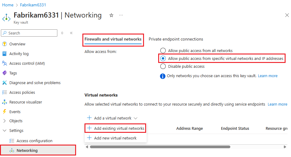 キー コンテナーでの仮想ネットワークとサブネットの有効化を示すスクリーンショット。