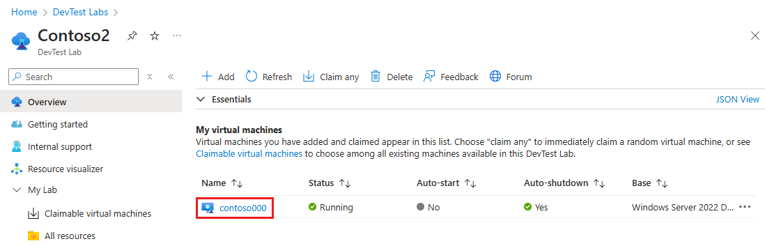 [自分の仮想マシン] の一覧にある要求された VM を示すスクリーンショット。