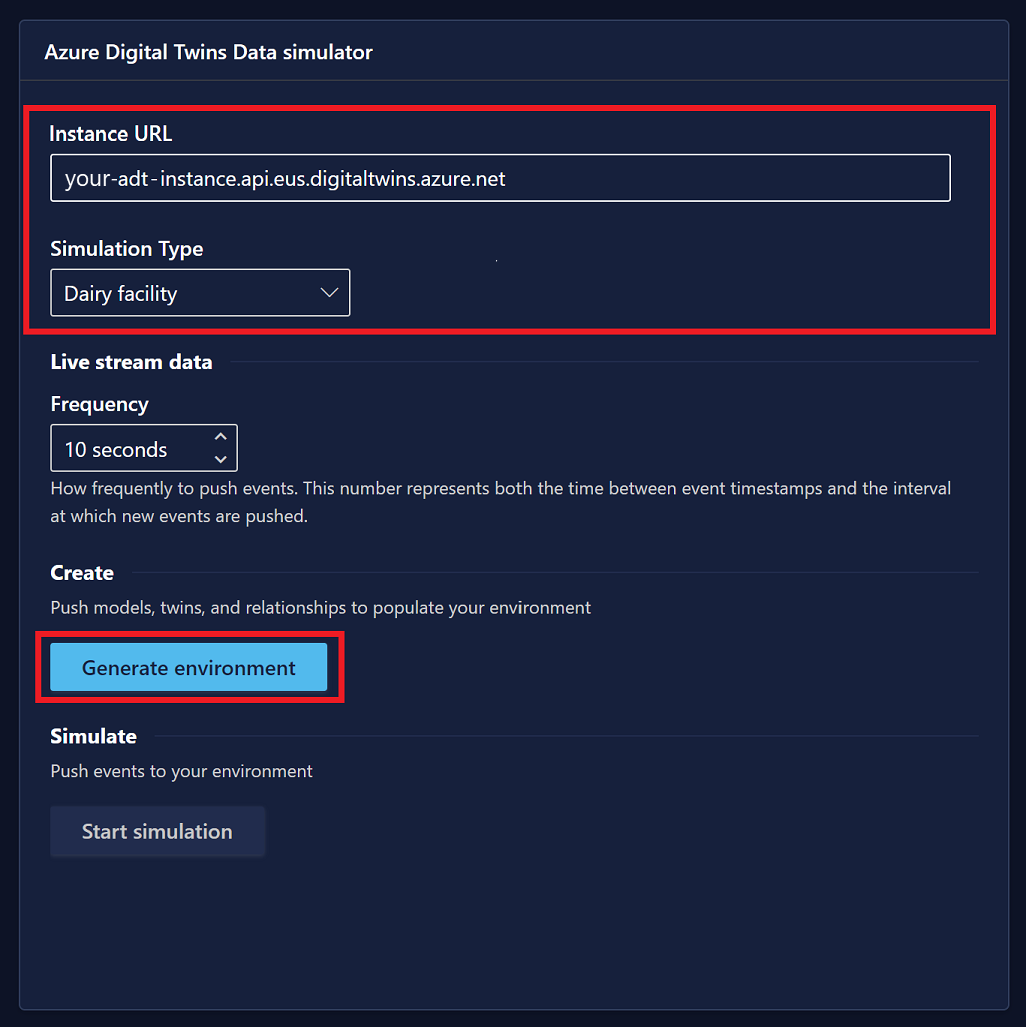 Azure Digital Twins データ シミュレーターのスクリーンショット。