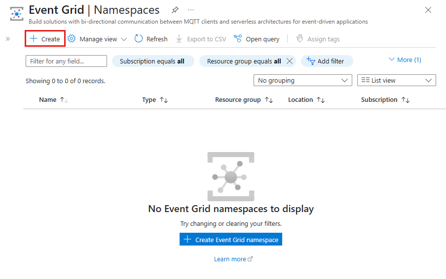 ツール バーの [作成] ボタンが選択されている [Event Grid 名前空間] ページを示すスクリーンショット。