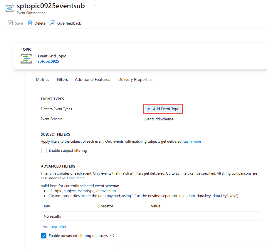 [イベントの種類の追加] ボタンが選択されている [イベント サブスクリプション] ページのスクリーンショット。