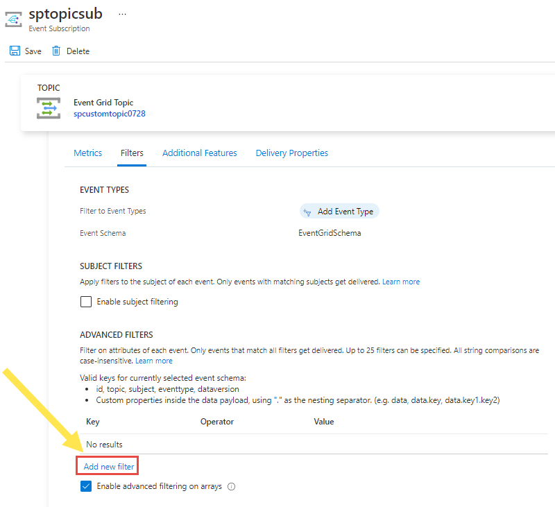 [新しいフィルターの追加] リンクが強調表示されている [イベント サブスクリプション] ページを示すスクリーンショット。