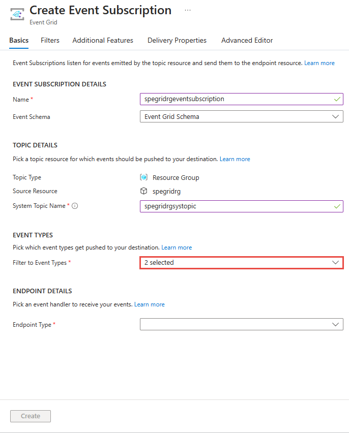 イベントの種類が選択された [サブスクリプションの作成] ページを示すスクリーンショット。