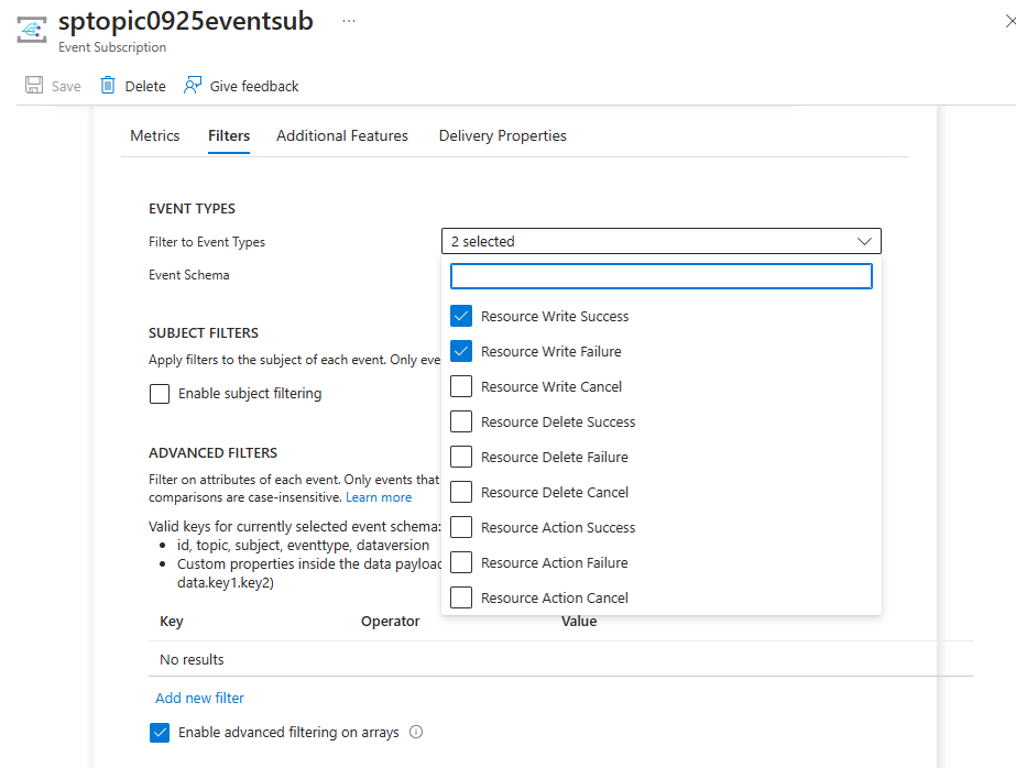 [フィルター] タブが選択された [イベント サブスクリプション] ページを示すスクリーンショット。