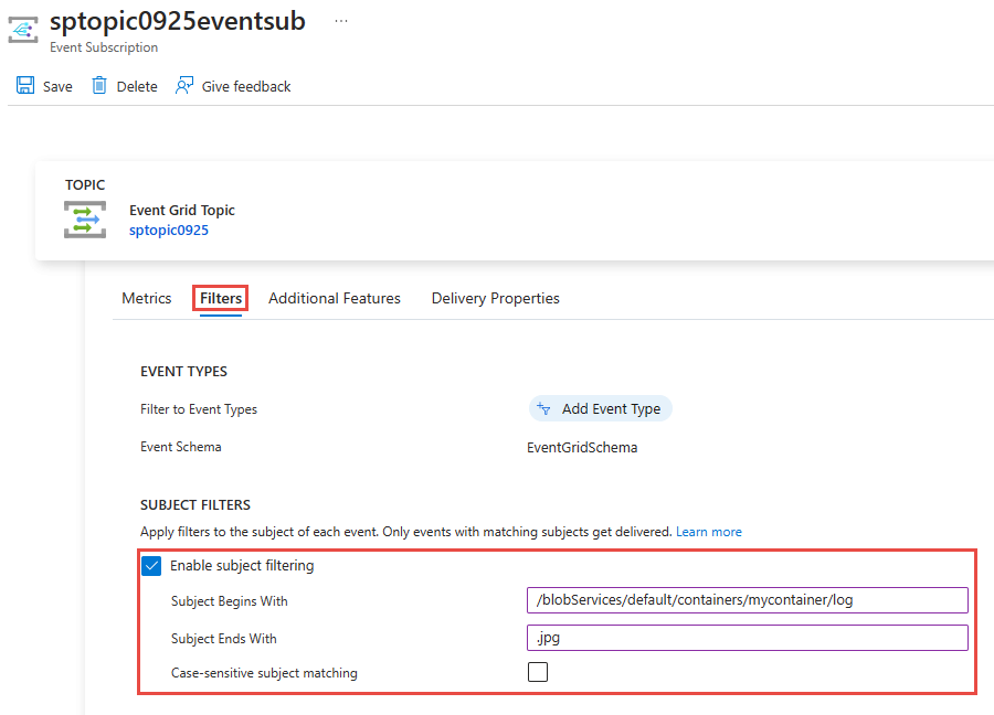 件名のフィルタリングの例を含む [イベント サブスクリプション] ページのスクリーンショット。