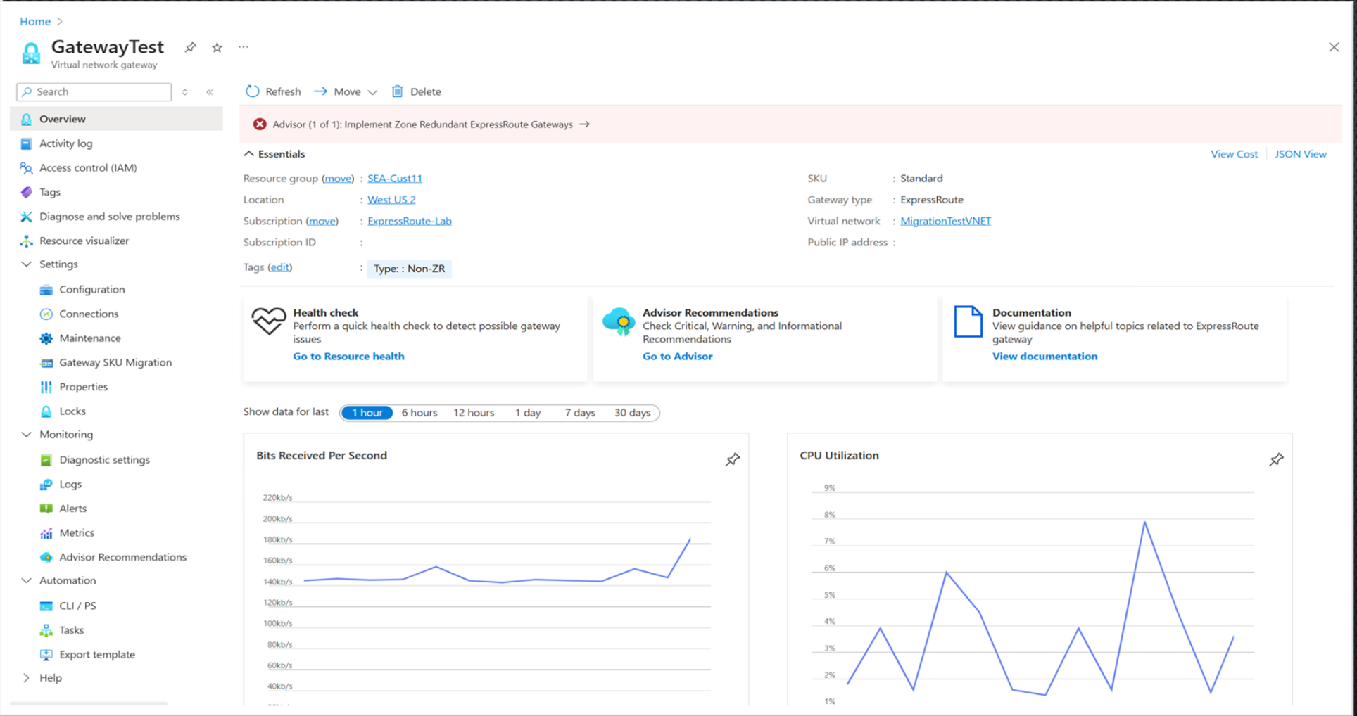 ゲートウェイの概要に示されている Azure Advisor 通知を示す画像。