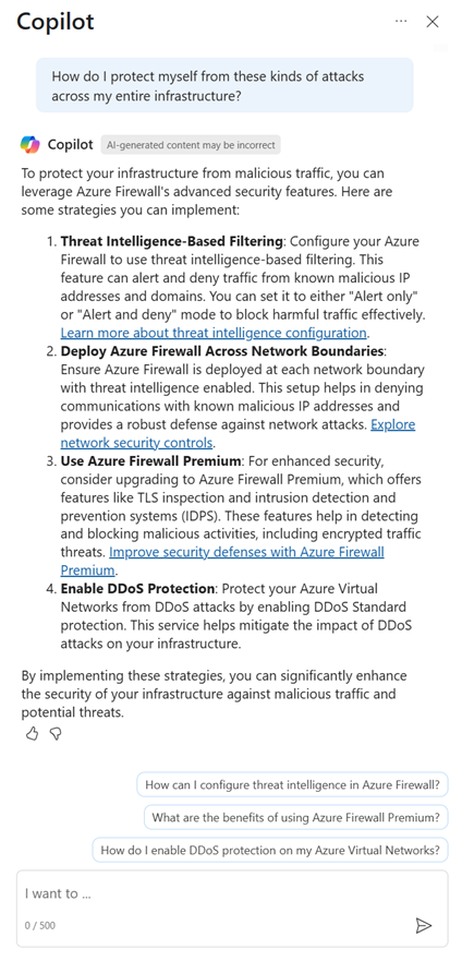 Azure Firewall の IDPS 機能を使用して環境をセキュリティで保護するために生成された推奨事項を示すスクリーンショット。