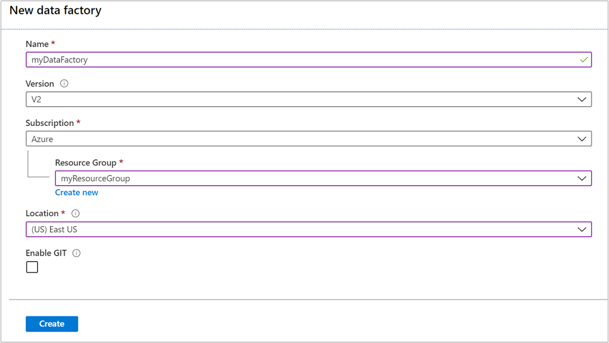 Azure portal を使用して Azure Data Factory を作成します。