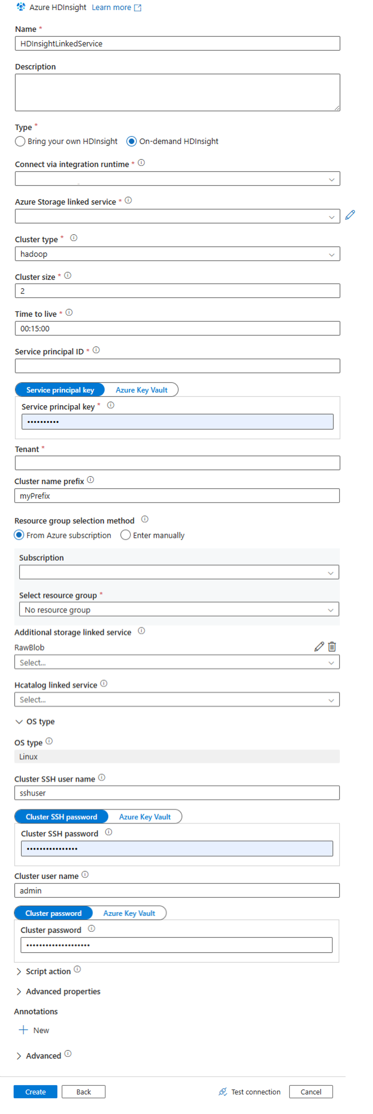 HDInsight のリンクされたサービスの値を指定します。