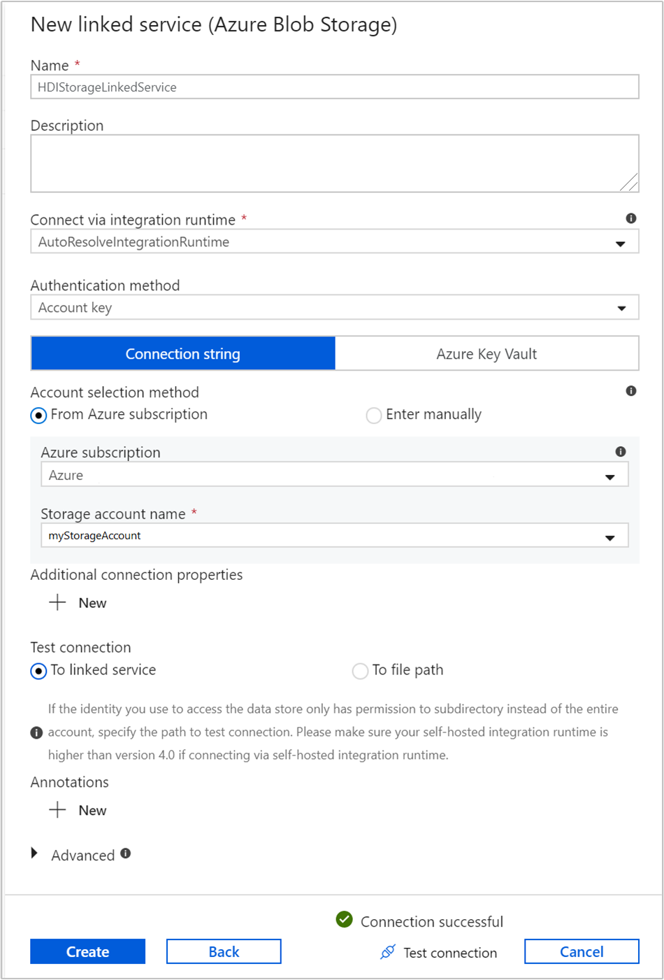 Azure Storage のリンクされたサービスの名前を指定します。