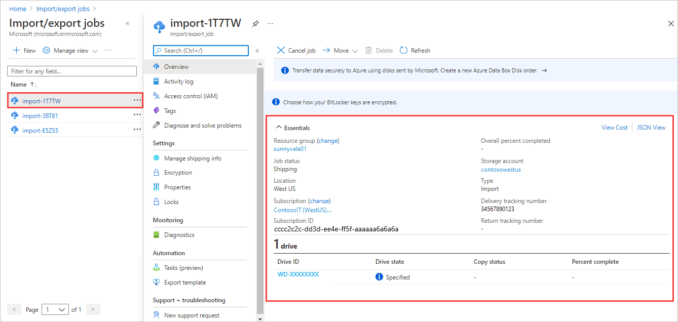 Azure portal に表示された Azure Import/Export ジョブの概要のスクリーンショット。選択されたジョブとジョブの詳細が強調表示されています。