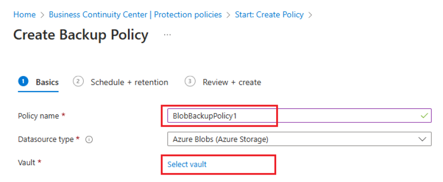 スクリーンショットには、保管済み BLOB バックアップのポリシー名を追加する方法が示されています。