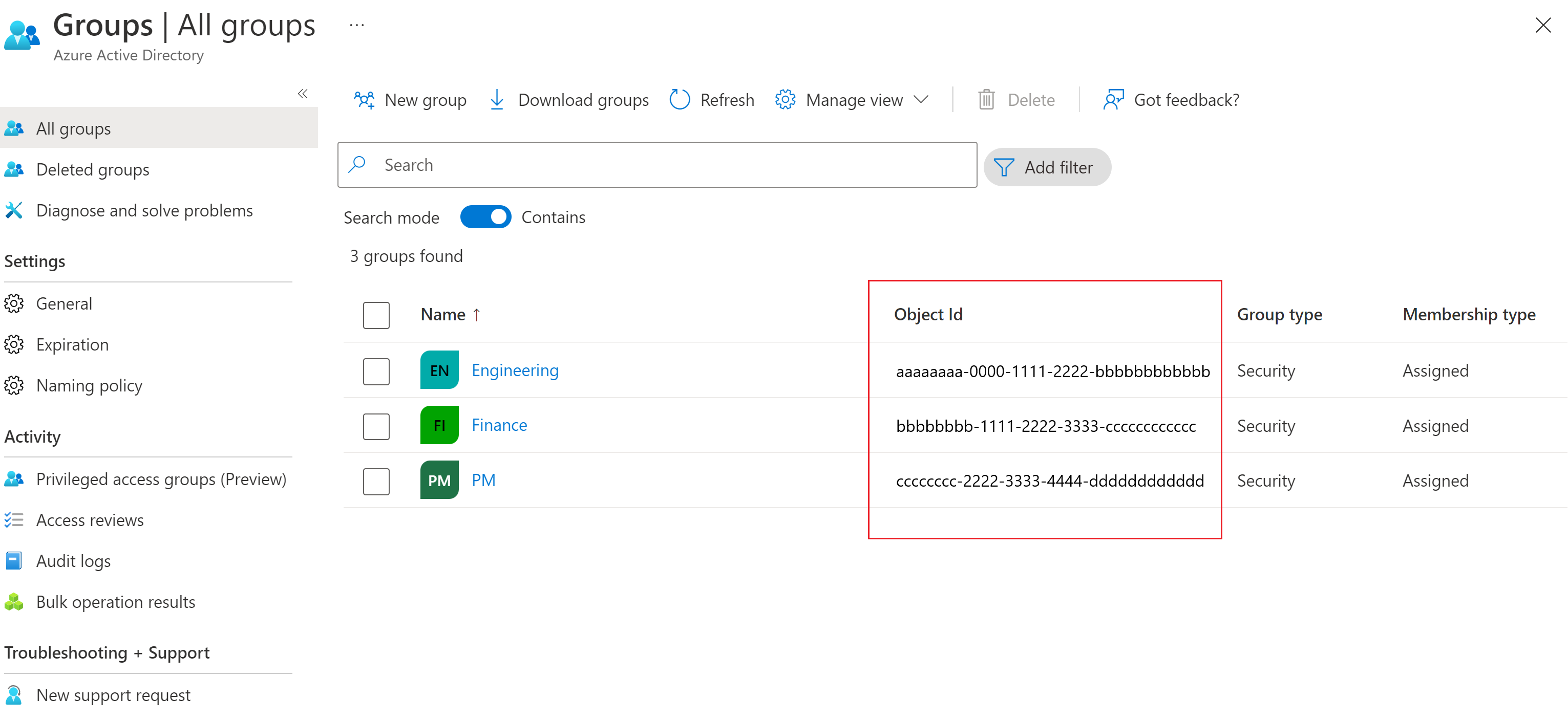 Microsoft Entra グループのスクリーンショット。