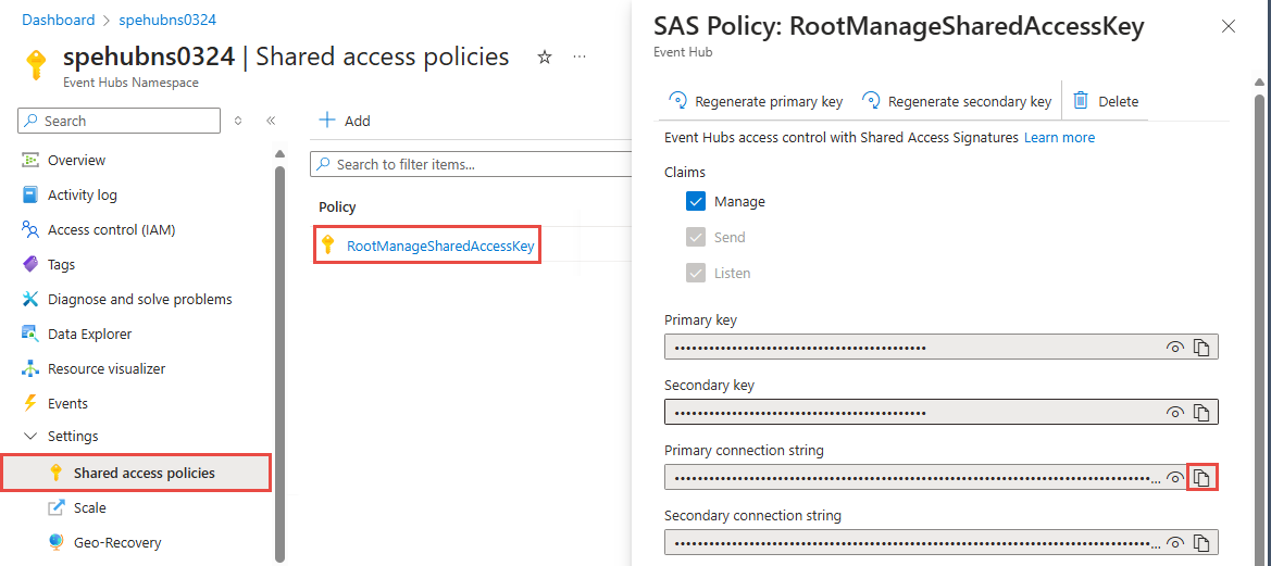 キーと接続文字列を含む、RootManageSharedAccessKey という名前の SAS ポリシーを示すスクリーンショット。