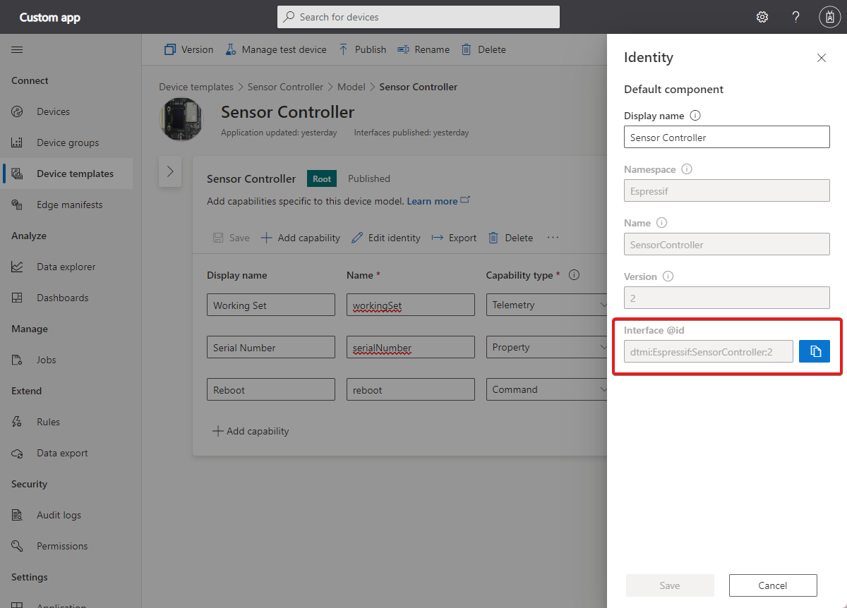 サーモスタット デバイス テンプレート内のモデル ID を表示するスクリーンショット。