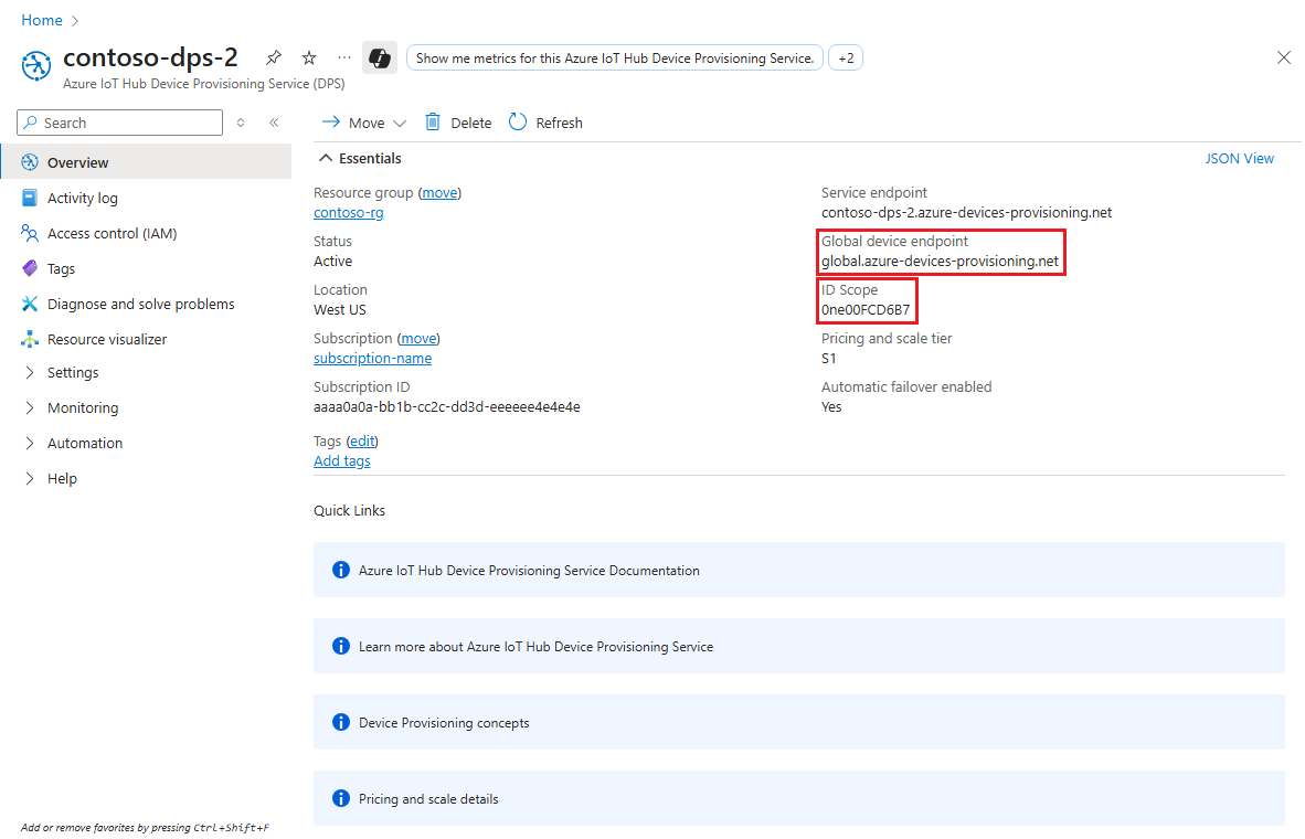 Azure portal の ID スコープとグローバル デバイス エンドポイントのスクリーンショット。