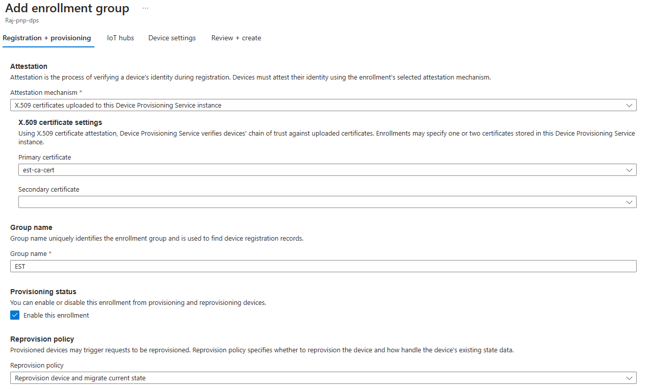 Azure portal を使用して DPS 登録グループを追加するスクリーンショット。