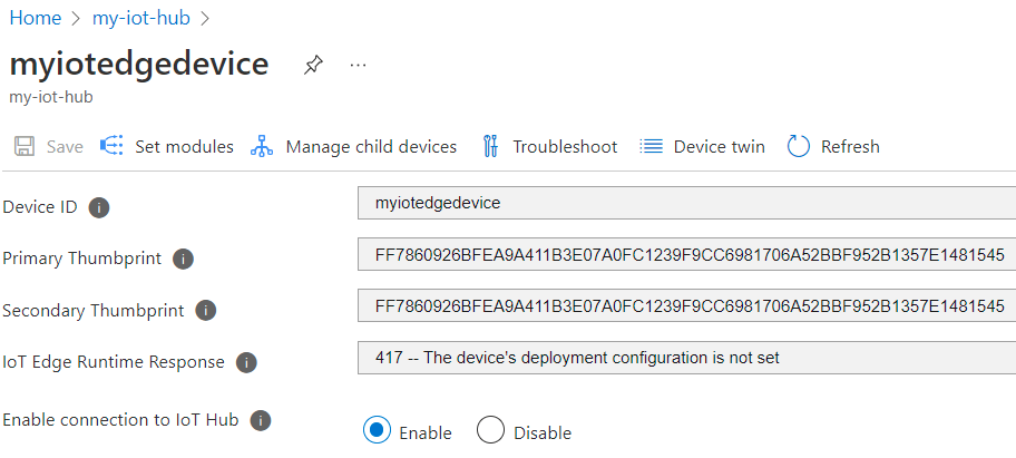 Azure portal の IoT Hub デバイス設定のスクリーンショット。証明書の拇印フィールドには値が表示されます。