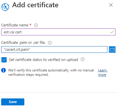 Azure portal を使用して Device Provisioning Service に CA 証明書を追加するスクリーンショット。