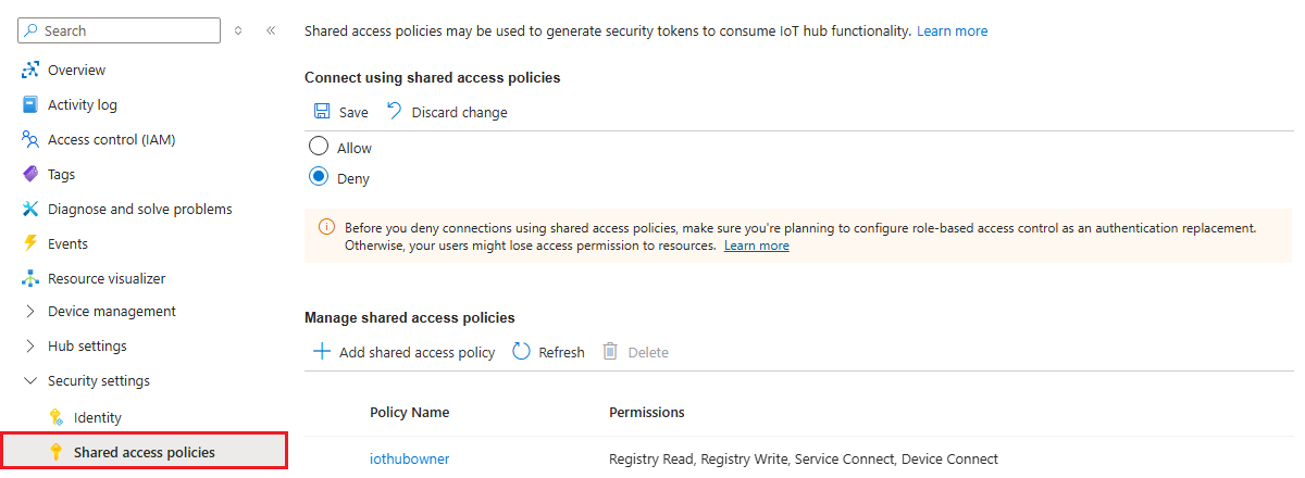 IoT Hub 共有アクセス ポリシーを無効にする方法を示すスクリーンショット。