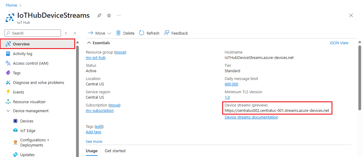 Azure portal の IoT ハブの作業ウィンドウのスクリーンショット。デバイス ストリーミング エンドポイントのホスト名が強調表示されています。